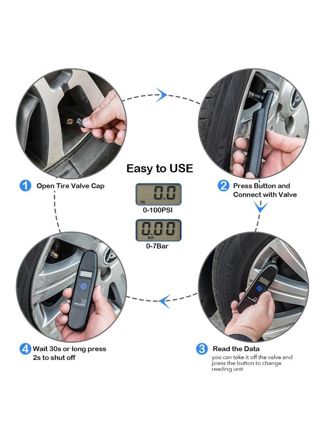 MOB Digital Tire Pressure Gauge 0–100 PSI / 0–7 BAR LCD Display, Mini Portable Car Tyre Air Pressure Tester with Auto Shut Off, One Button Operation, Accurate Valve Stem Nozzle for Car Motorcycle Bicycle Truck - Image 5